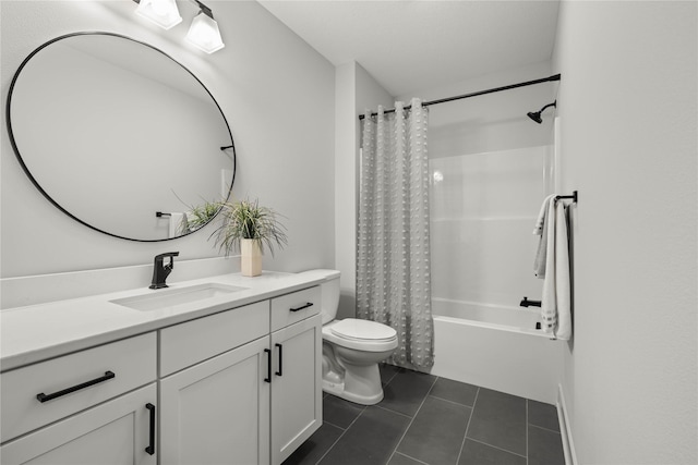 full bathroom with tile patterned flooring, shower / bath combination with curtain, toilet, and vanity