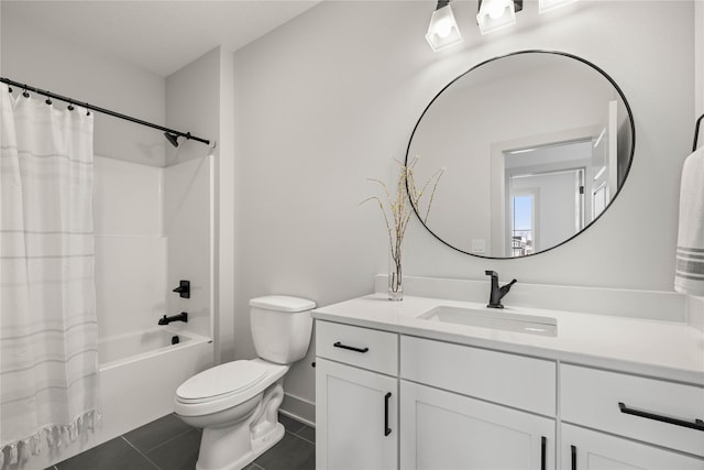 full bathroom with tile patterned flooring, shower / bath combo, toilet, and vanity