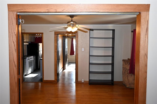 hall featuring built in shelves and dark hardwood / wood-style floors