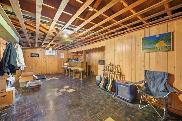 basement with wooden walls