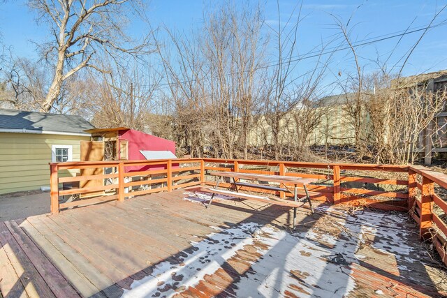 view of snow covered deck