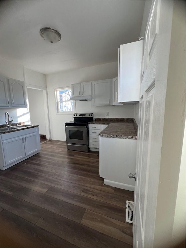 kitchen with white cabinets, dark hardwood / wood-style flooring, sink, and electric stove