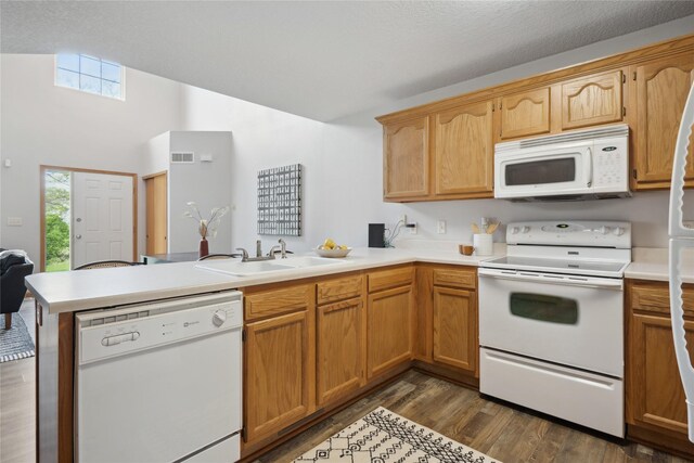 756 SE Williams Ct, Waukee, IA 50263 - kitchen featuring white appliances, a sink, a peninsula, light countertops, and dark wood-type flooring