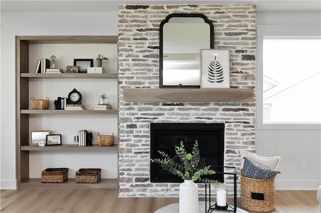 room details featuring hardwood / wood-style floors, built in features, and a fireplace