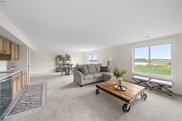 carpeted living room with sink