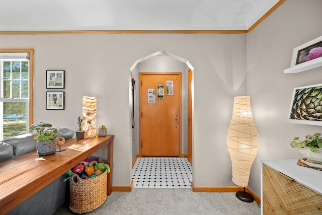 entryway with crown molding and carpet floors