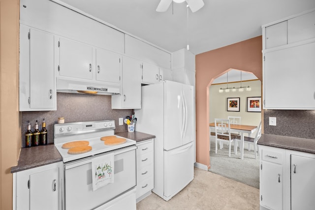 kitchen featuring tasteful backsplash, white appliances, ceiling fan, exhaust hood, and white cabinetry