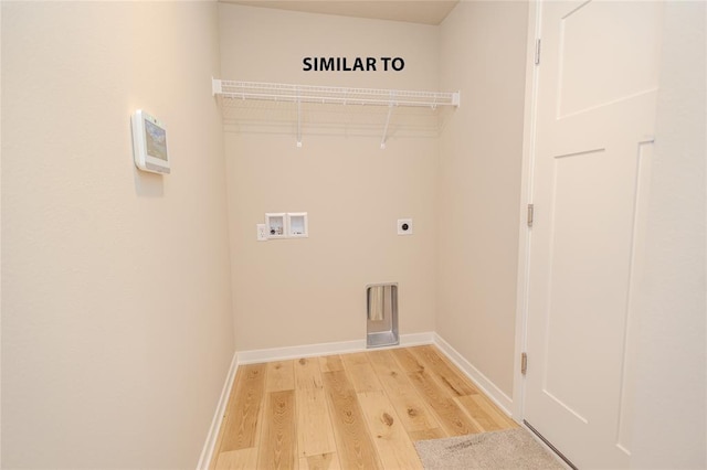 clothes washing area with electric dryer hookup, light hardwood / wood-style flooring, and washer hookup