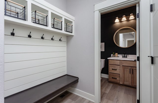 mudroom featuring light hardwood / wood-style flooring and sink