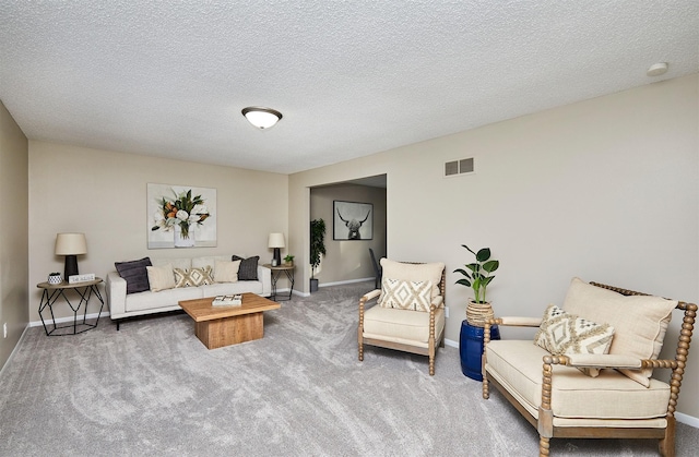 living room featuring carpet and a textured ceiling