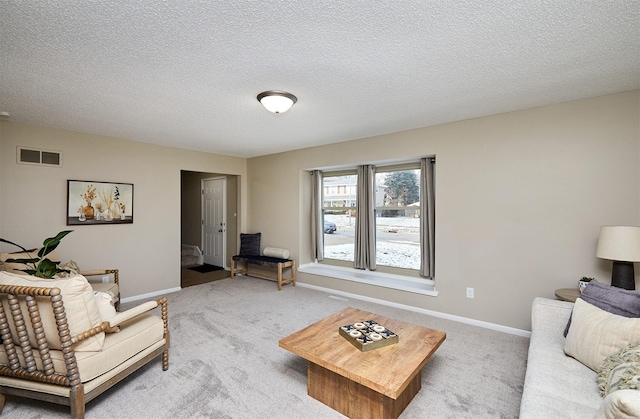 carpeted living room with a textured ceiling