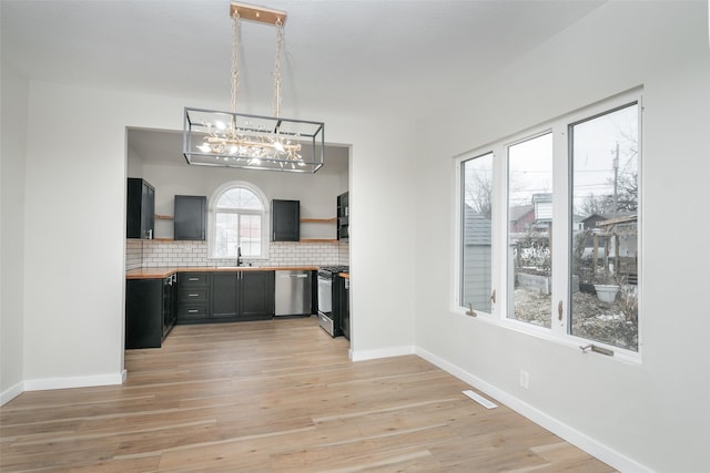 kitchen with butcher block counters, sink, tasteful backsplash, appliances with stainless steel finishes, and light wood-type flooring