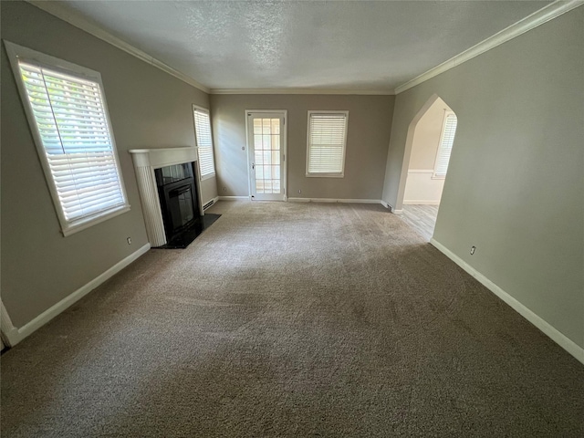 unfurnished living room with carpet flooring, crown molding, a fireplace, and a textured ceiling