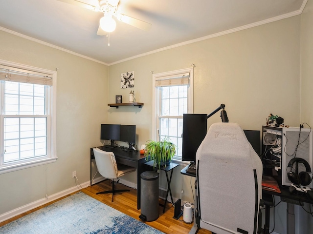 office space featuring hardwood / wood-style floors, ceiling fan, and crown molding