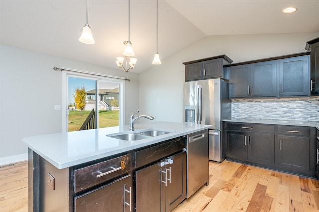 kitchen with decorative backsplash, stainless steel appliances, sink, a center island with sink, and hanging light fixtures