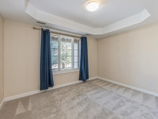 carpeted empty room with a raised ceiling