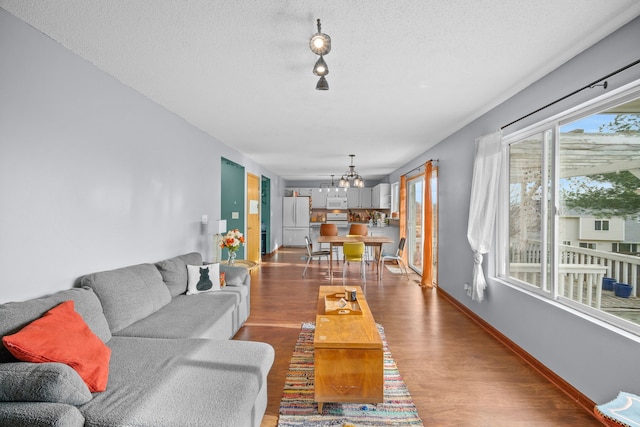 living room with hardwood / wood-style flooring, a textured ceiling, and a chandelier