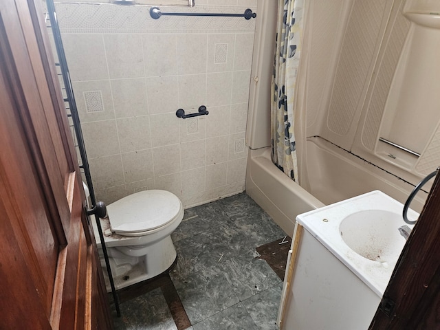 full bathroom featuring vanity, toilet, tile walls, and shower / bath combo with shower curtain