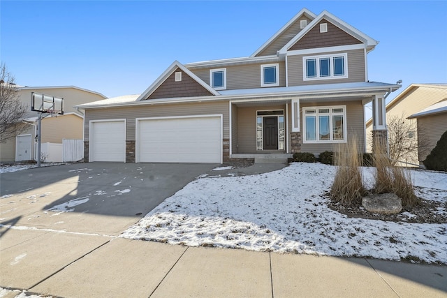 craftsman house featuring stone siding, a porch, an attached garage, and driveway