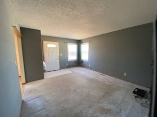 interior space with light carpet and a textured ceiling