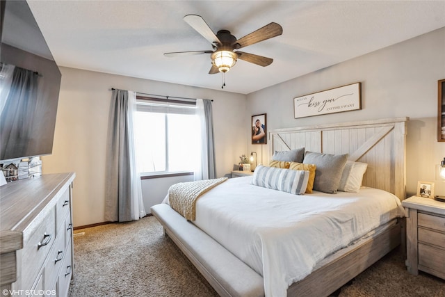 bedroom with light carpet and ceiling fan