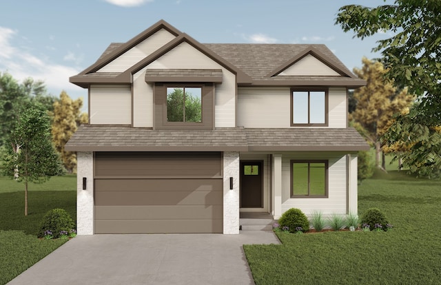 view of front of home featuring driveway, a shingled roof, an attached garage, a front lawn, and a porch