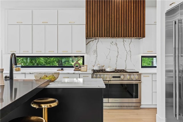 kitchen featuring high end appliances, light stone counters, tasteful backsplash, white cabinets, and exhaust hood