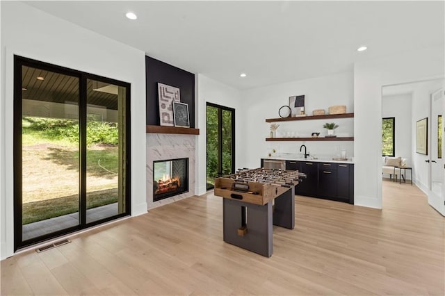 rec room featuring a fireplace, wet bar, and light hardwood / wood-style flooring