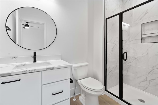 bathroom with vanity, wood-type flooring, an enclosed shower, and toilet