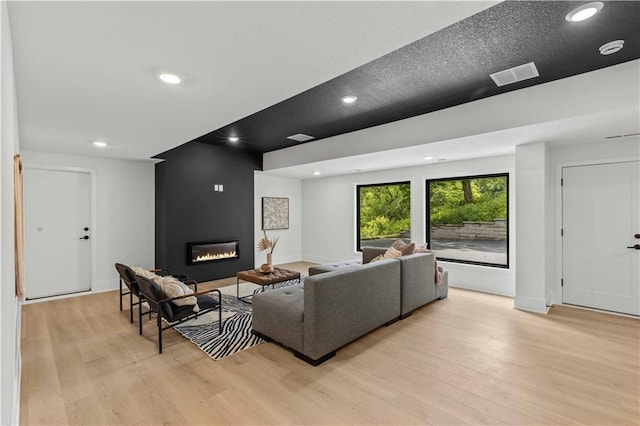 living room with a fireplace and light hardwood / wood-style flooring