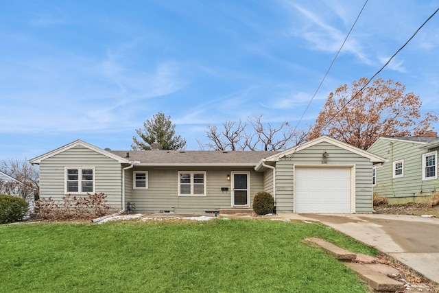 ranch-style house with a garage and a front lawn