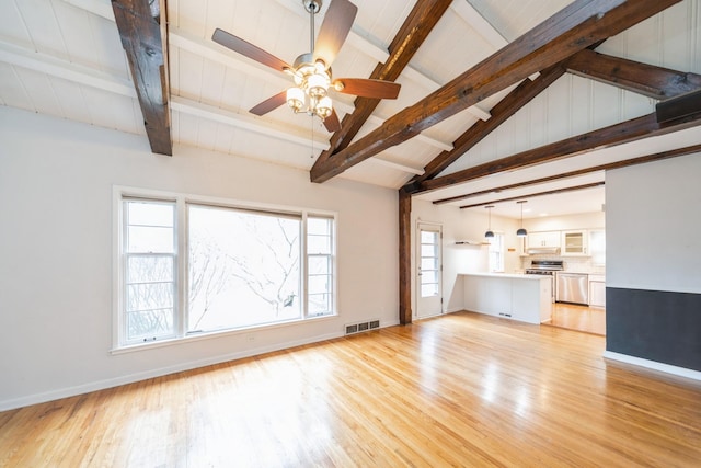 unfurnished living room featuring ceiling fan, lofted ceiling with beams, and light hardwood / wood-style floors