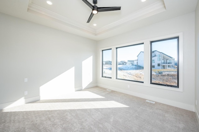 spare room featuring light carpet, a raised ceiling, ceiling fan, and crown molding