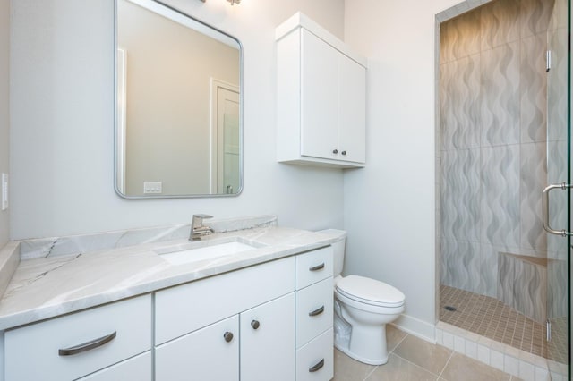 bathroom with walk in shower, tile patterned flooring, vanity, and toilet