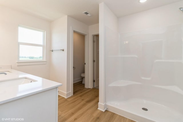 6918 SE 7th Ave, Pleasant Hill, IA 50327 - full bathroom with wood finished floors, double vanity, and a shower