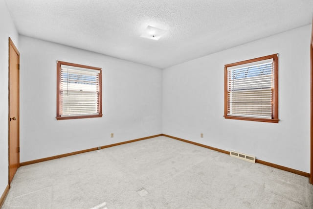 unfurnished room with light carpet and a textured ceiling