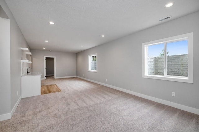 unfurnished living room with light colored carpet