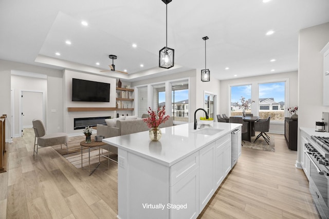 kitchen featuring a sink, light wood-style floors, appliances with stainless steel finishes, a tray ceiling, and a glass covered fireplace