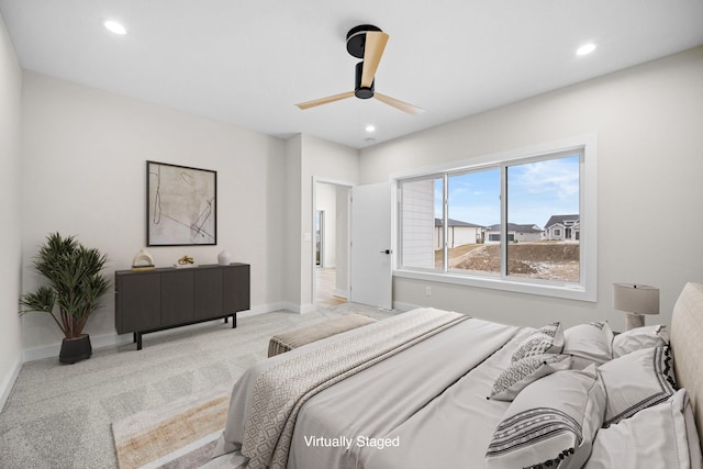 bedroom featuring carpet floors, baseboards, a ceiling fan, and recessed lighting