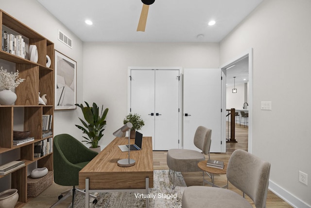 office area with visible vents, baseboards, a ceiling fan, wood finished floors, and recessed lighting