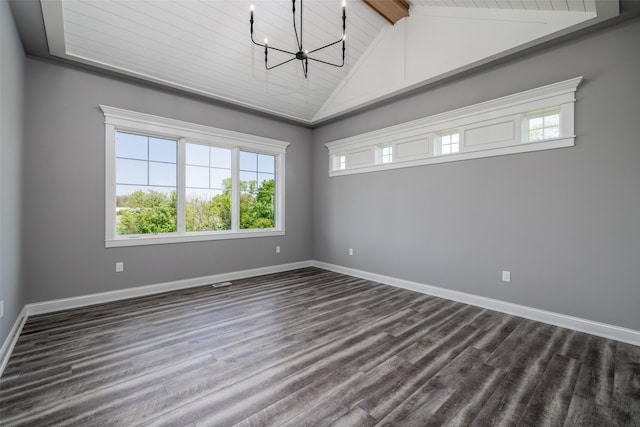 empty room with dark hardwood / wood-style floors, high vaulted ceiling, a chandelier, and beam ceiling