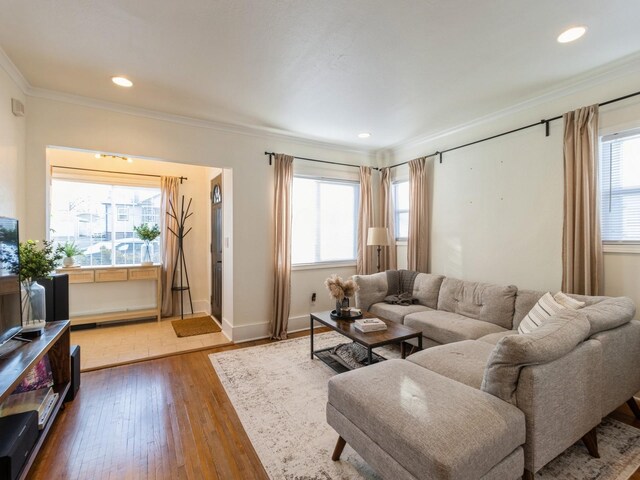 living room with crown molding, a wealth of natural light, and hardwood / wood-style flooring