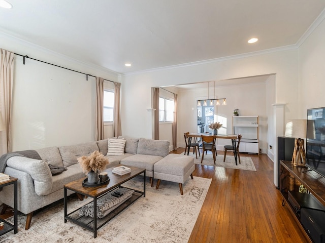 living room featuring crown molding and wood-type flooring