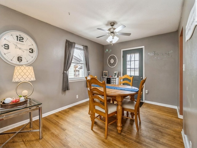 dining space featuring ceiling fan and wood-type flooring