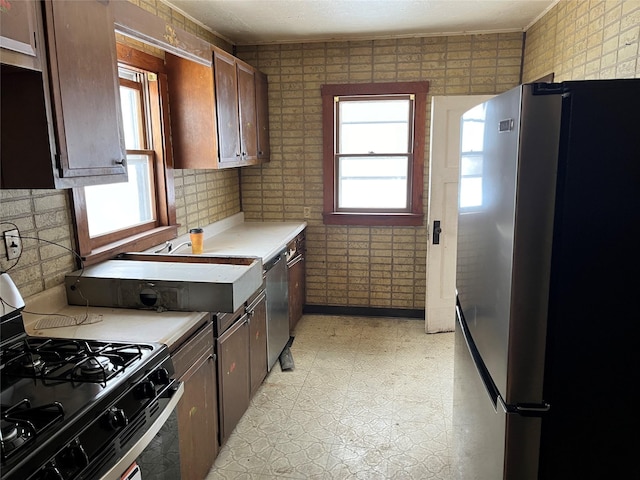 kitchen with dark brown cabinetry and appliances with stainless steel finishes