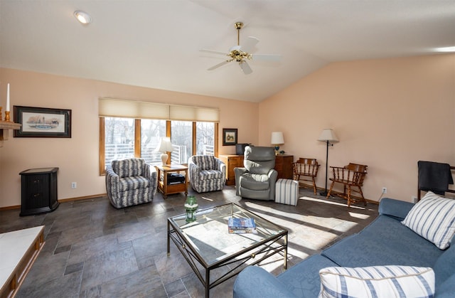 living room featuring lofted ceiling and ceiling fan