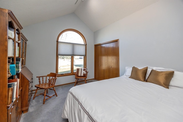 bedroom with a closet, lofted ceiling, and carpet flooring