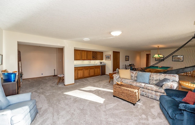 carpeted living room with a textured ceiling