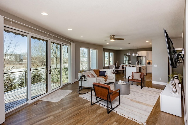 living room featuring sink, ceiling fan, and hardwood / wood-style flooring