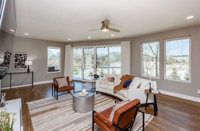 living room with hardwood / wood-style flooring and ceiling fan